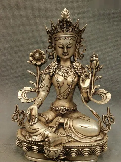 

free 11" Tibet Mahayana Buddhism White Copper Silver Goddess Buddha Statue fast