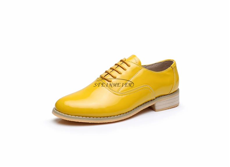 Женские дизайнерские винтажные туфли на плоской подошве из лакированной кожи американского размера 11 женские туфли-оксфорды на меху с круглым носком ручной работы желтого цвета; коллекция года