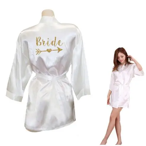 Для женщин кимоно халаты из искусственного шелка невесты сердце племени золотой блеск печать халаты девичник Свадьба Preparewear - Цвет: white bride