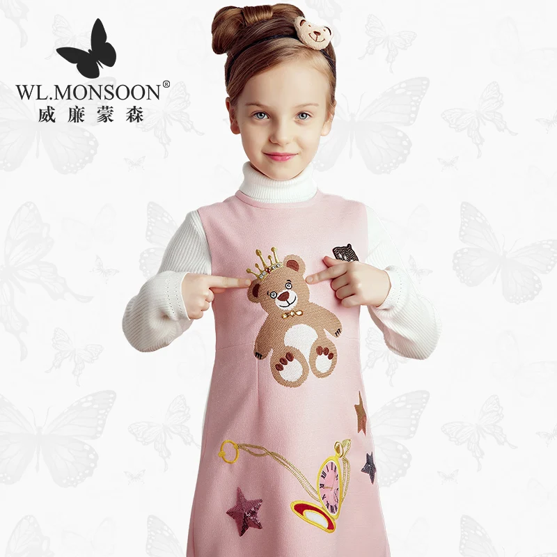 

Brand girl dress European and American Spring and Autumn New Bear Cross-stitch Pink Princess costume Children's vest dress