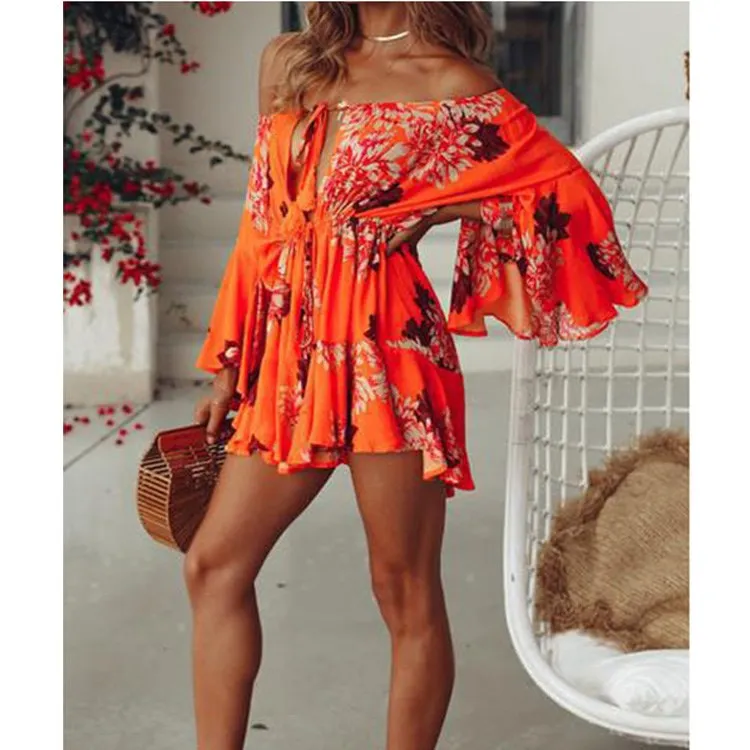 2019 Women Off Shoulder Boho Palysuit Floral Beach Summer Short Jumpsuit Flare Sleeve Sexy Casual Romper 2019 Women Off Shoulder Boho Palysuit Floral Beach Summer Short Jumpsuit Flare Sleeve Sexy Casual Romper