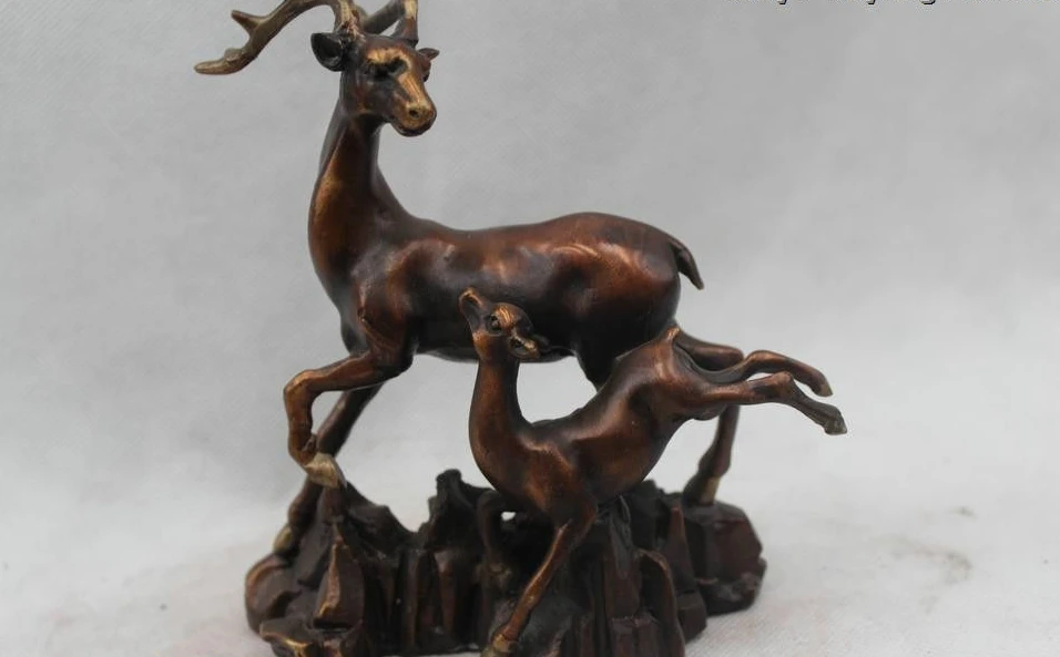 

7"Chinese China Fengshui Red Bronze beautiful Lucky longevity Two Deer Statue