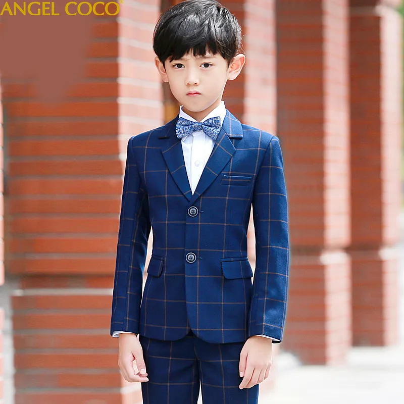 

(Jacket+Pant+BowTie+Shirt+Vest+Badge) Boy Suits Flower Girl Slim Fit Tuxedo Brand Fashion Bridegroon Dress Wedding Lattice Suit