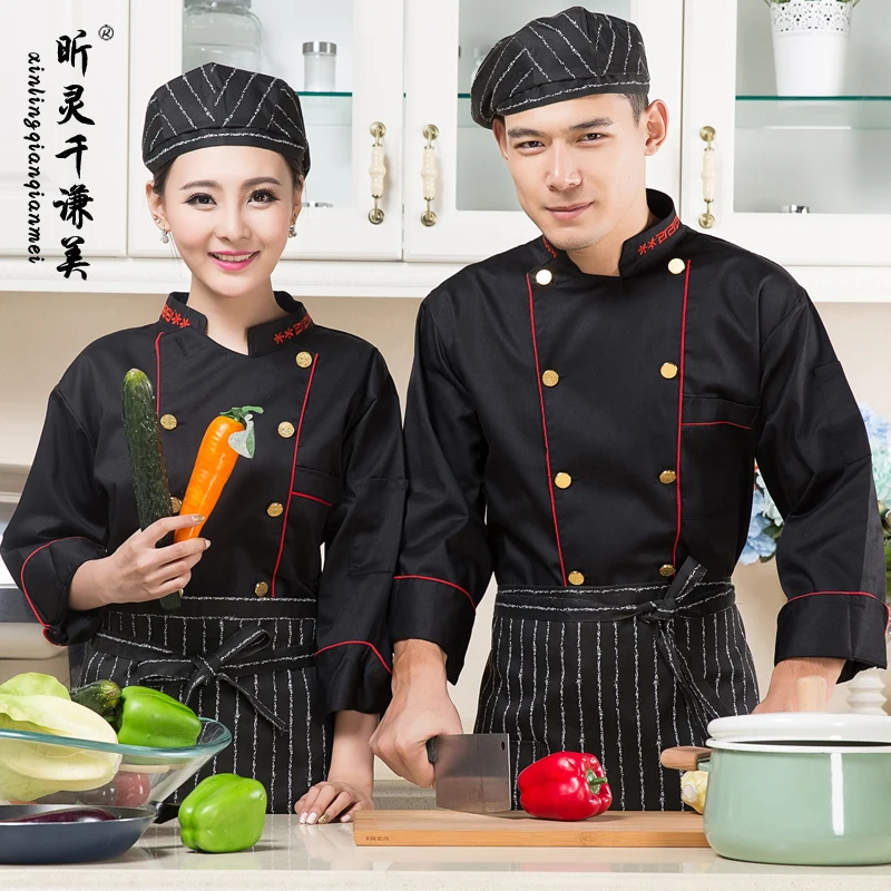 Шеф повар Костюмы черный Кухня одежда Длинные рукава форма Комбинезоны для