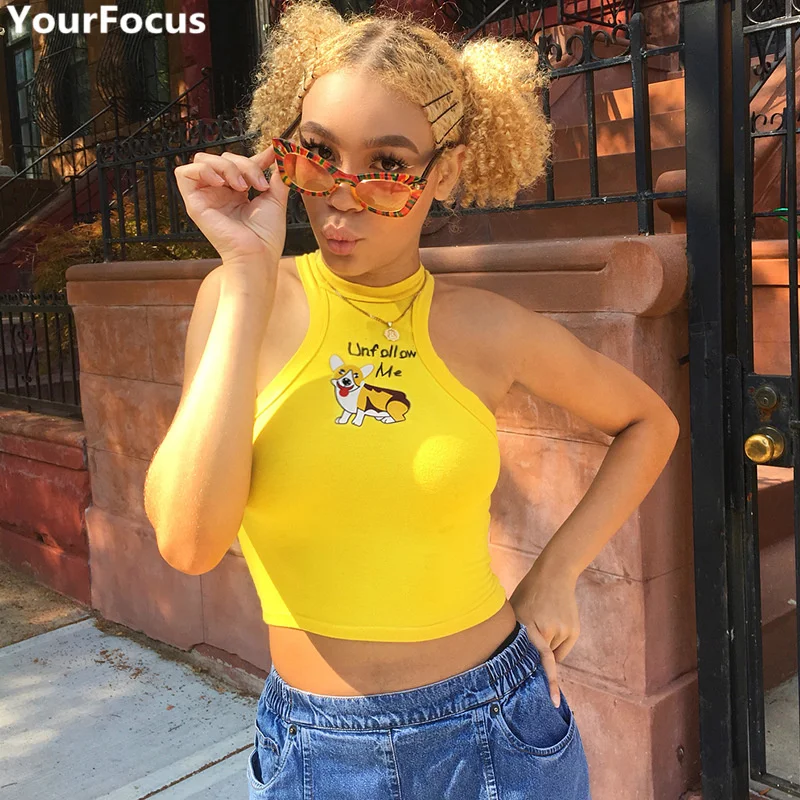 

Harajuku summer vintage ins hot yellow unfollow me letters little doggie pattern printing crop tank tee crop top YQ-651