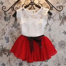 Летняя коллекция г. комплект одежды для девочек ясельного и дошкольного возраста из 2 предметов: шифоновая кружевная блузка без рукавов+ плиссированная юбка с бантом JW1303