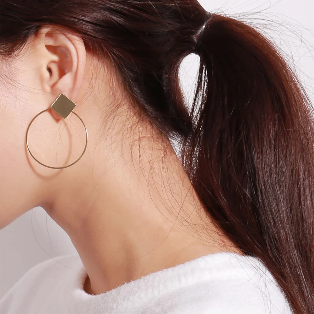 

SexeMara Simple Style Fashion Silver Gold Color Earrings for Women Square Round Geometric Hanging Earrings 2019 Female Jewelry