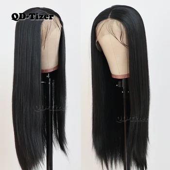 QD-Tizer Black Color Long Silky Straight Hair Lace Front Wig Gluless Heat Resistant Synthetic Lace Front Wig for Black Women 2