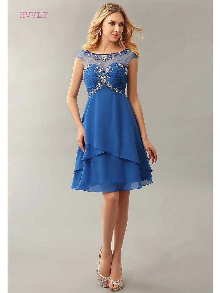 Royal Blue 2019 Homecoming Dresses A line Cap Sleeves Chiffon Beaded