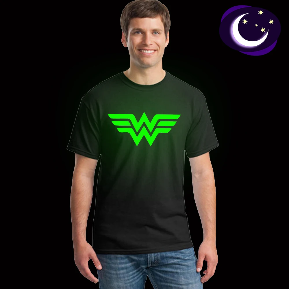 

2018 Luminous Wonder Woman T Shirt Glow In Dark Cartoon Print Mens Clothes Summer Short Sleeve Fluorescent Tshirt for Man