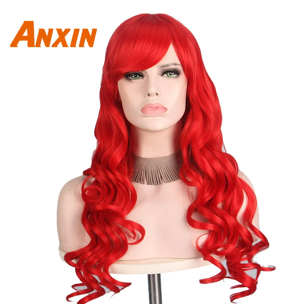 Anxin длинные глубокая волна парик 26 ''красный с челкой Для женщин вечерние аниме Косплэй парик