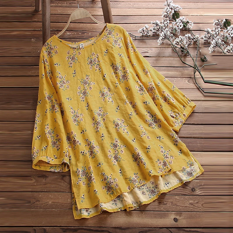 Hot Sale Beautiful Women Blouse Baggy Floral 3/4 Sleeve Shirt Ladies Summer Casual Street Daily Loose Tunic Tops Crew Neck S-5XL