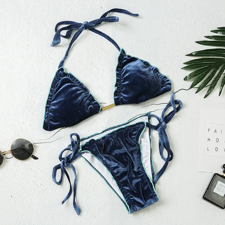 

2019 Solid Sexy Velvet Bikini Swimwear Women Halter Push Up Padded Brazilian Thong Bikinis Bathers Bathing Suit Bandage Biquini