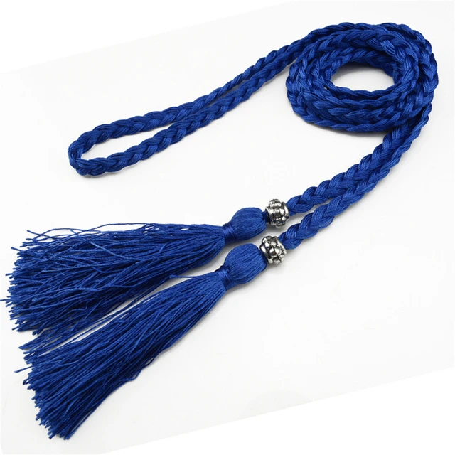 Women Waist Belt Rope Chinese Style Braided Woven Tassel Thin Belt Female Knot Decorated Waistband Hot Casual Solid Black Belts Blue