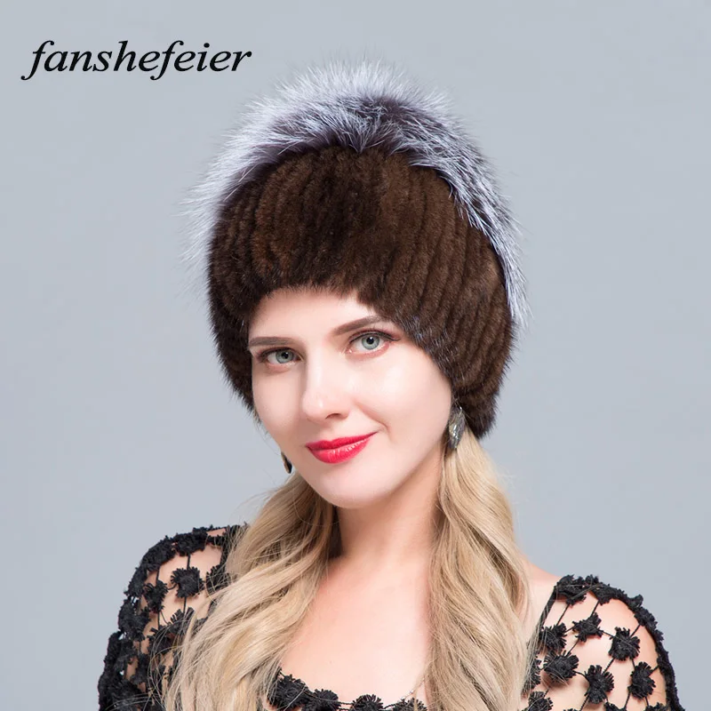 Fanshefeier Лидер продаж женские вязаные шапки норковые шапки модные зимние теплые вертикальные переплетения с лисьим мехом на верхней части - Цвет: colour02