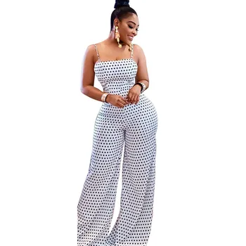 

Black White Polka Dot Loose Wide Leg Jumpsuit Women Spaghetti Strap Sleeveless Strapless Romper Backless Bow Tie Beach Overalls