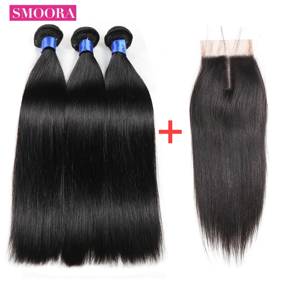 

Brazilian Hair Weave Bundles with Closure Straight Human Hair Bundles With Closure Baby Hair Extensions Natural Color Non Remy