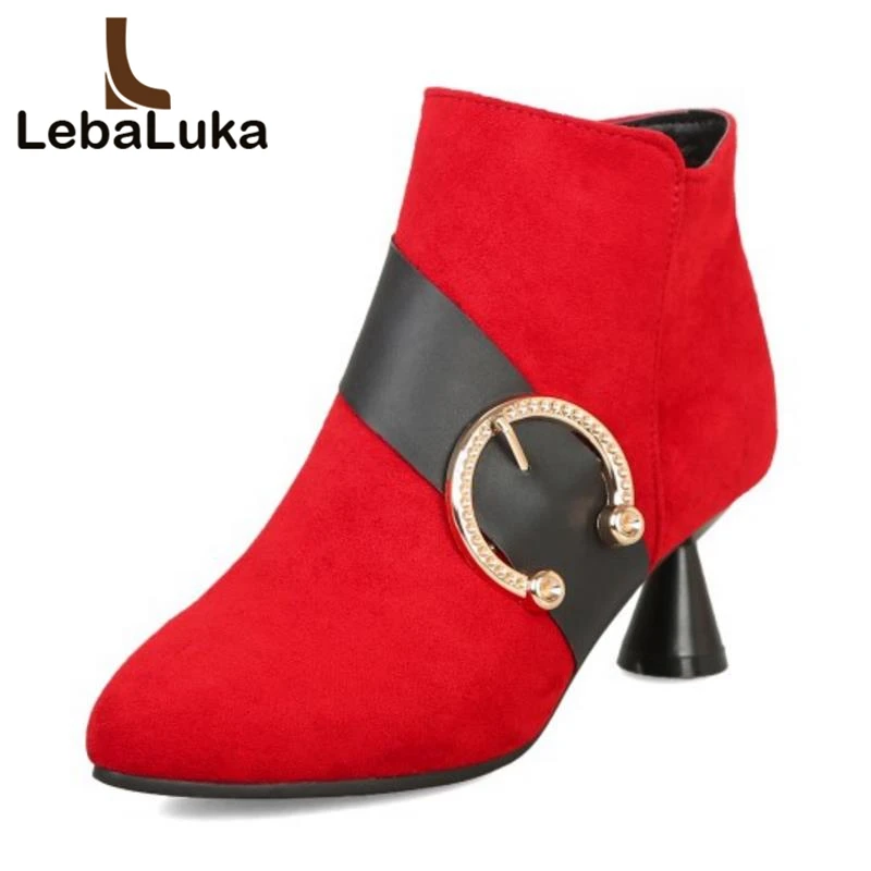 

Tuyoki Women Ankle Boots Winter Buckle Warm Fur Shoes Woman Zipper Strange Heels Boots Sexy Pointed Toe Shoes Size 32-43