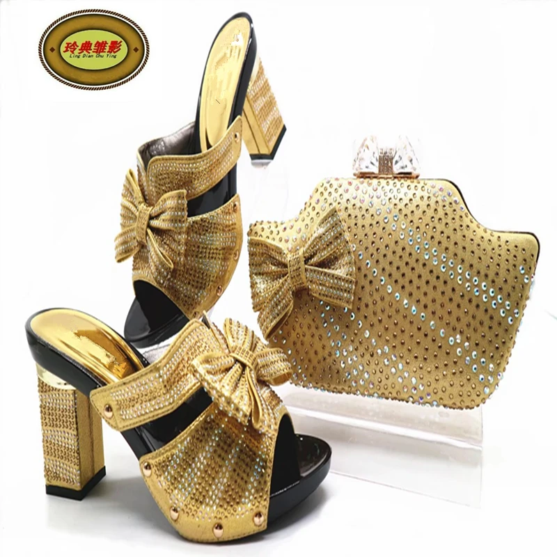 

G52 Gold Free Shipping African Wedding Shoes And Bag Set Hot Sale Woman Sandals Heels With Bag Set Online