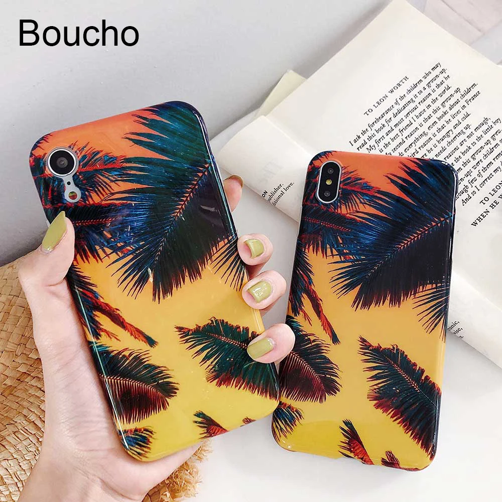 

Boucho Colorful Beauty Scenery Coconut Tree Phone Case For iphone XR X XS MAX 6S 7 8 6 Plus Fashion Art Abstract Soft IMD Cases