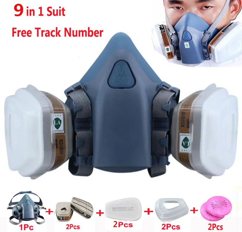 

9 In 1 Suit Gas Mask Half Face Respirator Painting Spraying For 3 M 7502 N95 6001cn Dust gas Mask Respirator