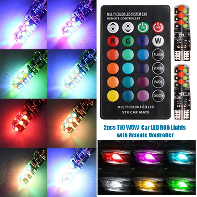 

2pcs T10 W5W Universal Car LED RGB COB Lights 5050 6SMD Colorful Multimode Car Light Bulbs with Remote Controller