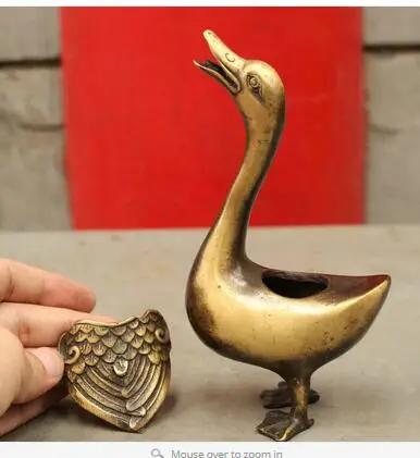 

Art Bronze Decoration Crafts Brass 6" Chinese Pure Bronze Auspicious Bird Cygnus Swan Statue Incense Burner Censer