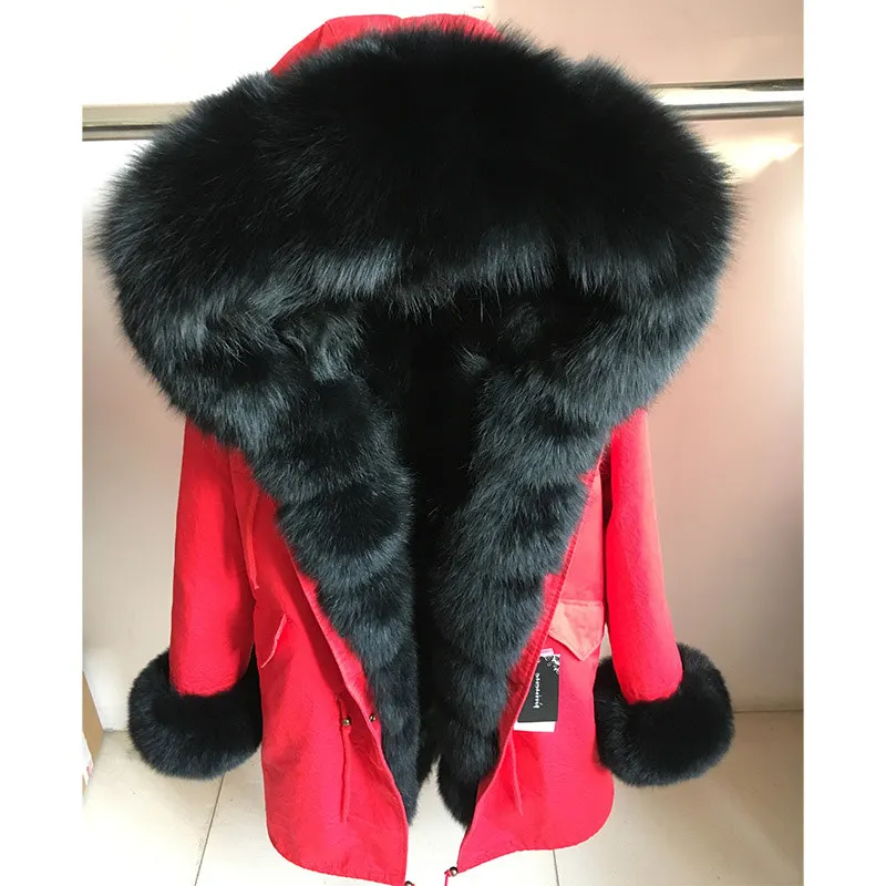 Брендовая Новая модная женская Длинная зимняя куртка роскошное большое пальто с капюшоном и воротником из лисьего меха теплая парка с подкладкой из лисьего меха наивысшего качества - Цвет: red black