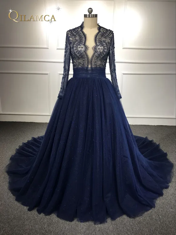 Arabic Evening Dresses Elegant Floor Length 2018 Long Sleeves Prom Party Gowns Dark Navy prom dress | Свадьбы и торжества