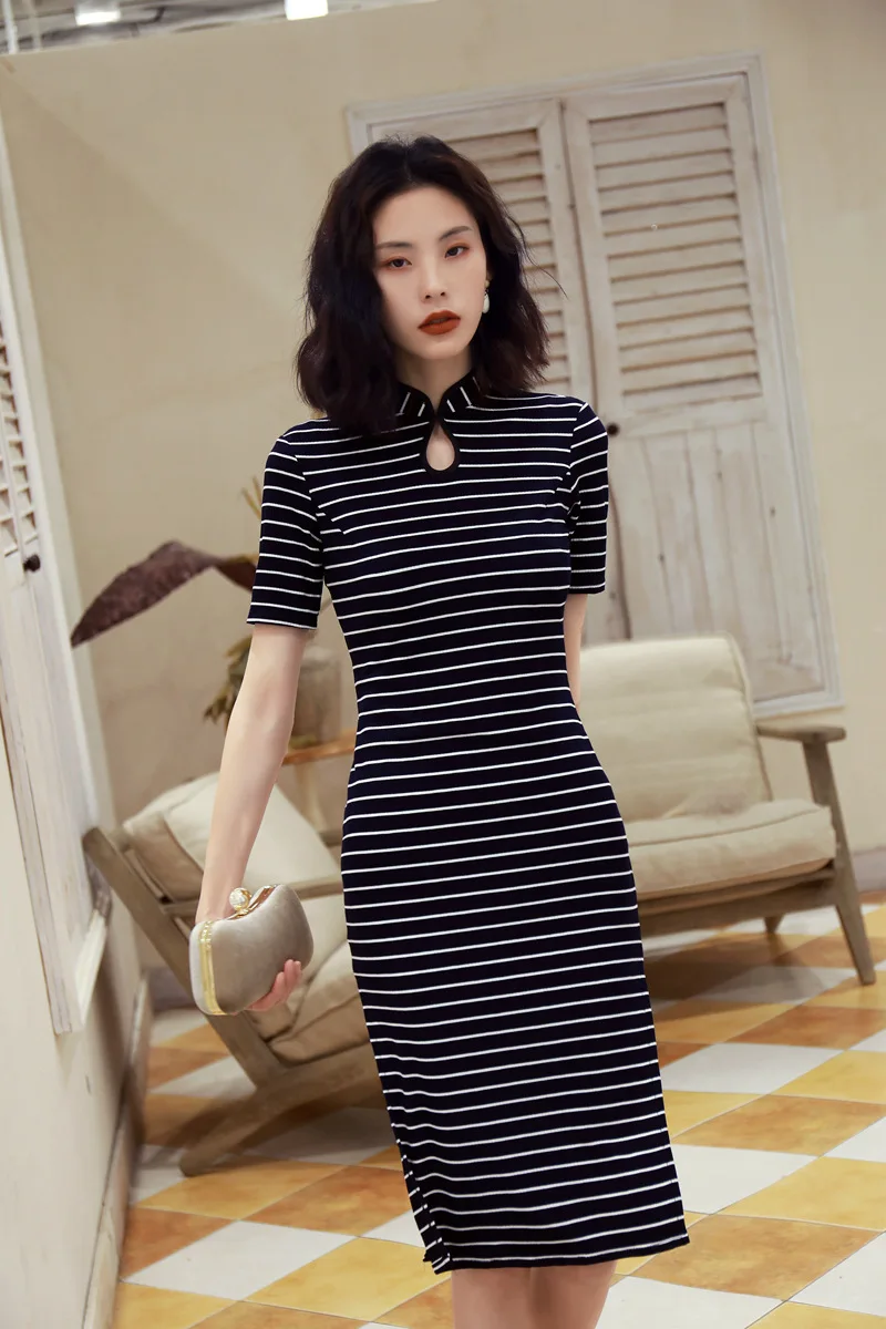 

Shanghai story stripe pattern flexible fabric cheongsam qipao for women