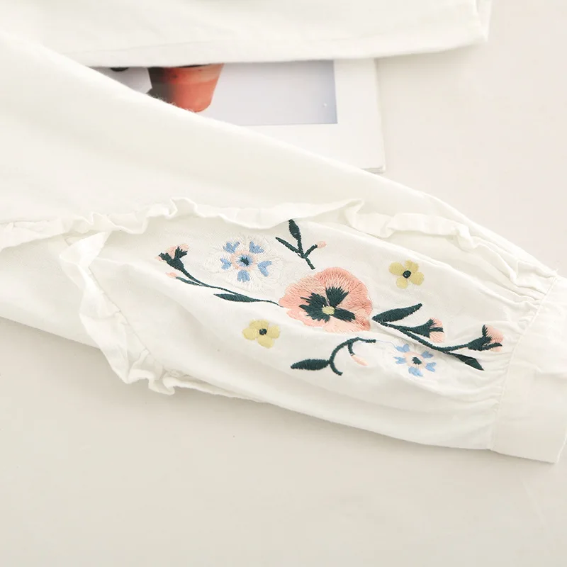 Chaqueta Las blanco Larga Azul Floral Mujeres 2019 Blusas La Blusa Primavera De Punto Blanco Nueva Azul Bordado Mujer Camisa Algodón Manga xvqpR0wB