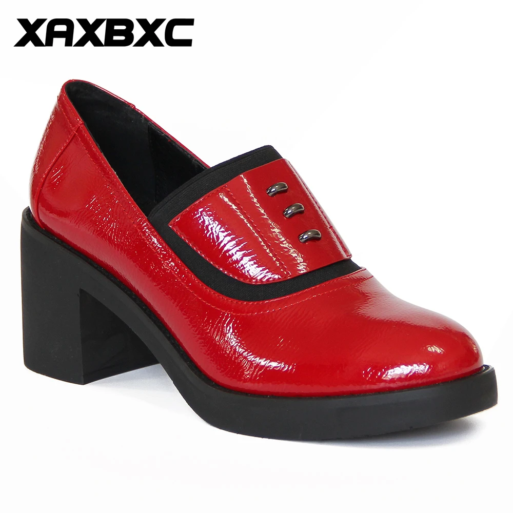 XAXBXC Retro British Style Leather Brogues Oxfords High Heels Women Pumps Slip-On Red Thick Heel Ladies Wedding Shoes