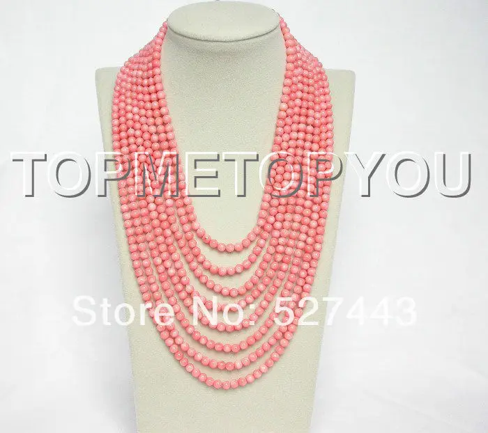 

Wholesale natural 8row 17"-25" round pink coral beads necklace (A0326)