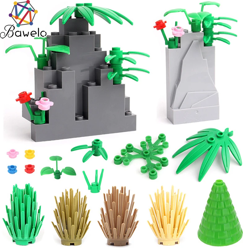 

City Accessories Building Blocks Green Bush Flower Grass Trees Plants Leaves Dark gray Hill Bricks Educational Toys for Children