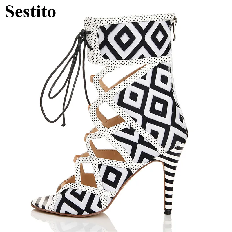 

European Fashion Black White Geometric Hollow Woman Boots Peep Toe Ankle Boots For Women Thin Heels Zipper Lace-up Women Shoes