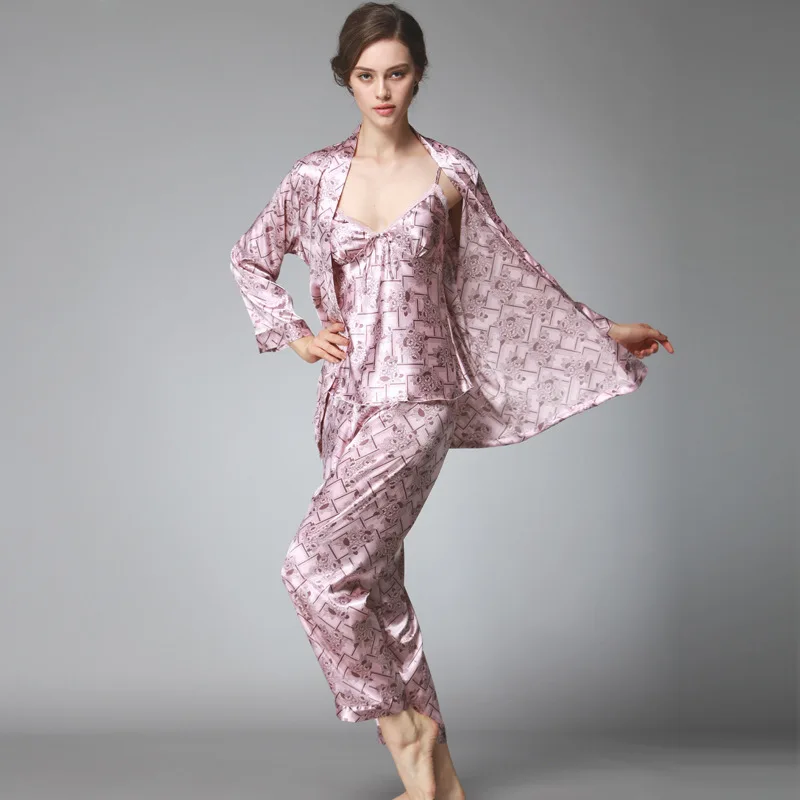 Smmoloa/Женская шелковая пижама с цветочным принтом; комплект из 3 предметов; женская ночная одежда; атласные пижамные комплекты