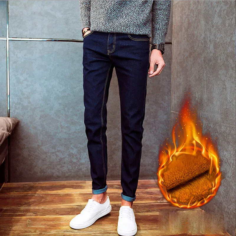 Новинка, зимние утепленные джинсы с добавлением шерсти, облегающие теплые джинсы, мужские брюки-карандаш для студентов, подростков, мужские байкерские джинсы 28-34