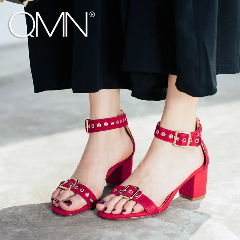 QMN women genuine leather sandals Women Eyelet Embellished Ankle Strap Summer Leisure Shoes Woman Natural Suede Sandals 34-42