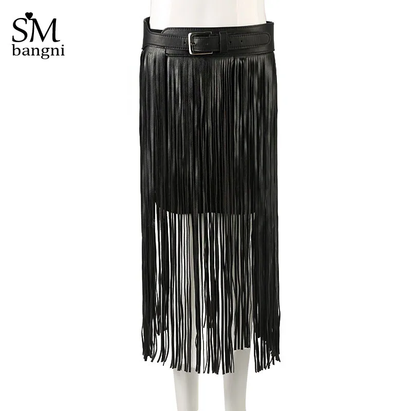 Модные кожаные юбка с кисточками ремень женский, черный металлической пряжкой Adjustble Высокая талия с поясом длинные юбки для женщин