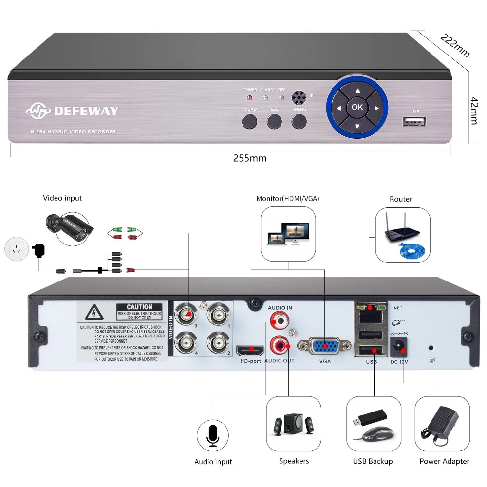 DEFEWAY 4CH 1080P Выходная лампа Цифровой видеорегистратор Onvif Водонепроницаемая камера