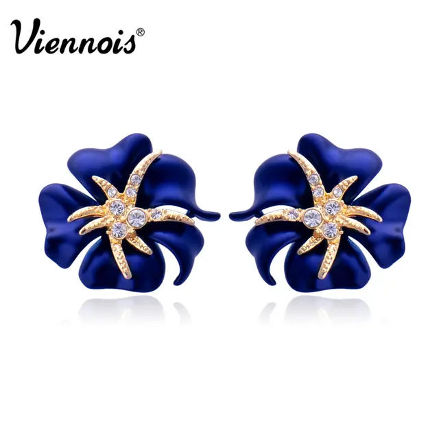 Viennois Gold Color Flower Stud Earrings For Woman Full Rhinestone Viennois Gold Color Flower Stud Earrings For Woman Full Rhinestone Navy Blue Red Sea