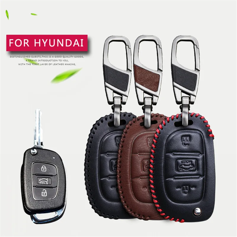 Genuine Leather Car Key Case Cover Keychain For Hyundai Solaris IX35