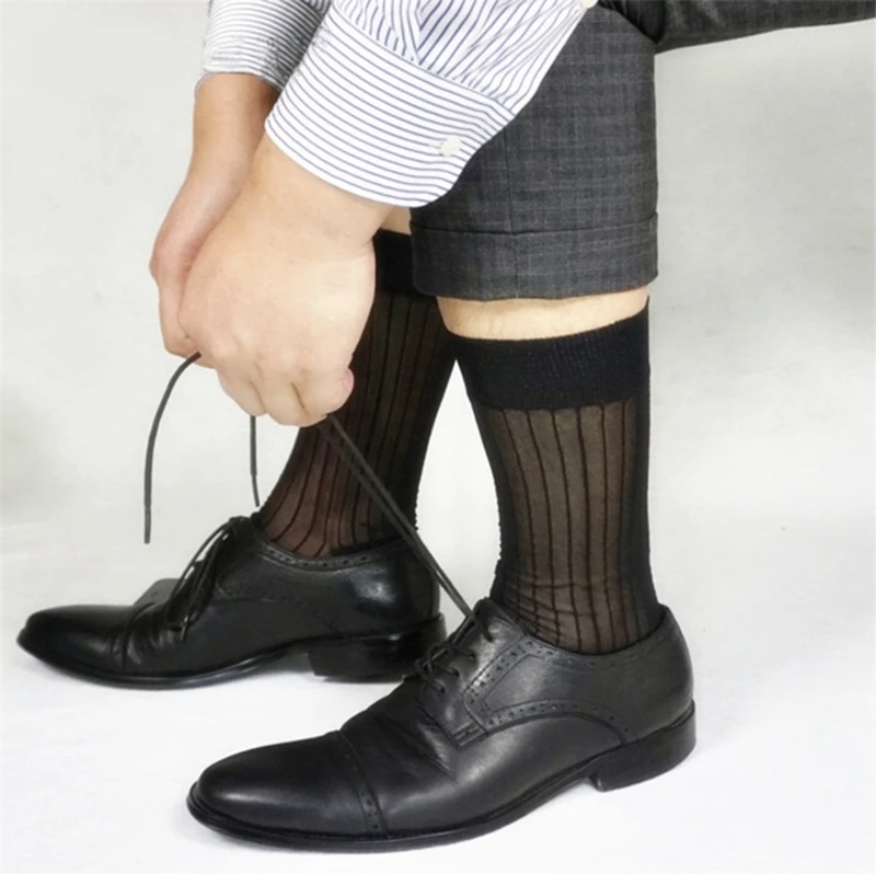 

Ultra Thin Black Stripe Men Formal Dress Suits Hose Stockings Softy Sexy Men Long Socks Knee High Male Silk Stockings