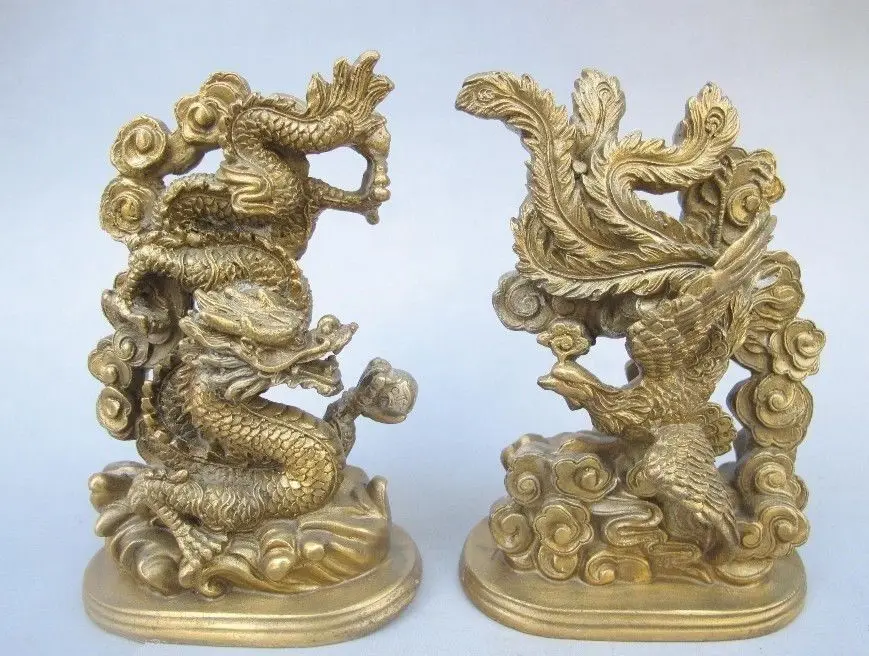 

005991 The ancient Chinese handmade bronze statue of a dragon phoenix mascot NR