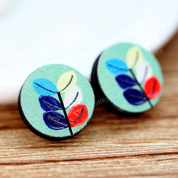

Unique 3D Leaf Embossed 16mm Round Coloured Drawing pattern Laser Cut wood Cabochon DIY for Rings, Earring,Brooch,Necklace