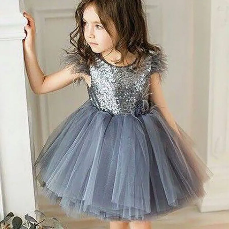

2019 New Summer Girl Sequin Evening Dress Princess Birthday Party Short Mesh Kids Baby Party Ball Gown Dresses