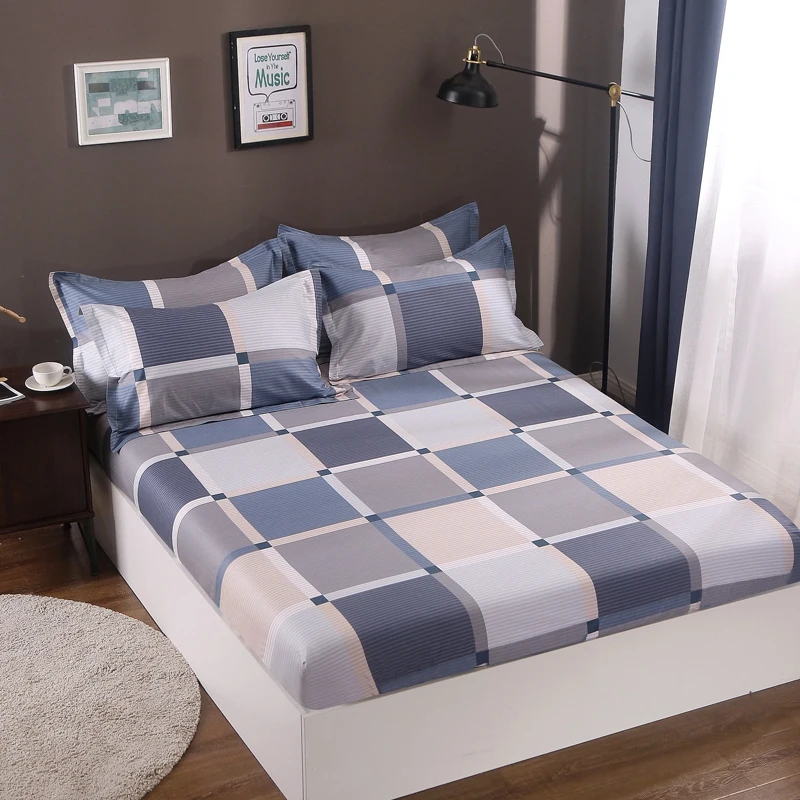 

100%Cotton Soft Grey Plaid Fitted Sheet Bright Vibrant Full Around Elastic Fitted Bed sheet set Pillow shams Twin Queen size