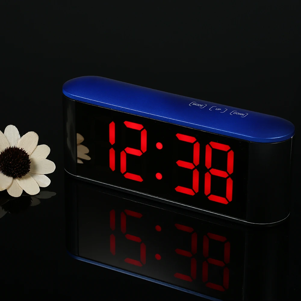USB Powered LED Mirror Clock Digital Alarm Clock 12H/24H Table Clock