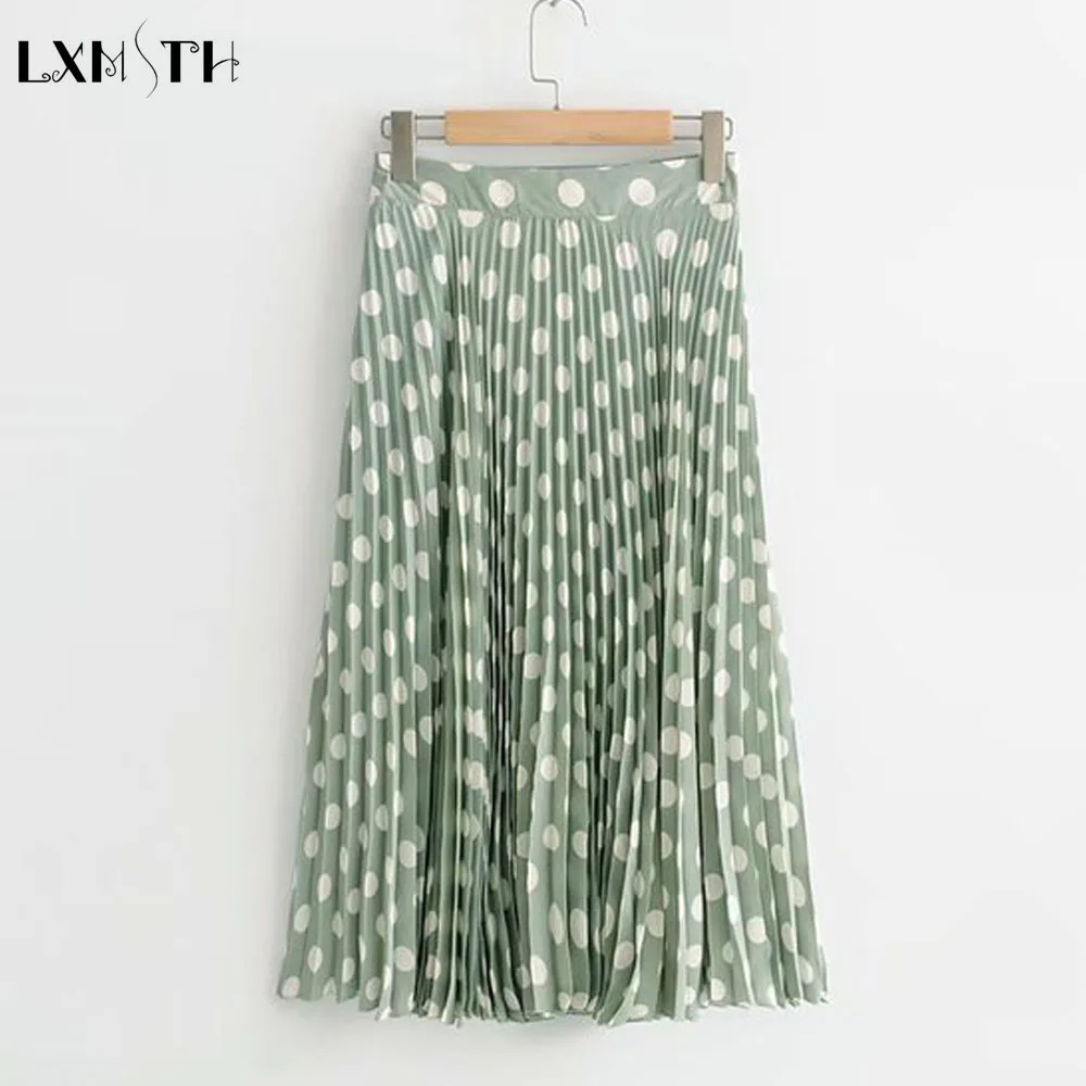 LXMSTH плиссированная юбка с высокой талией в горошек элегантная Высококачественная миди юбка Женская весенне-осенняя винтажная юбка Jupe Femme