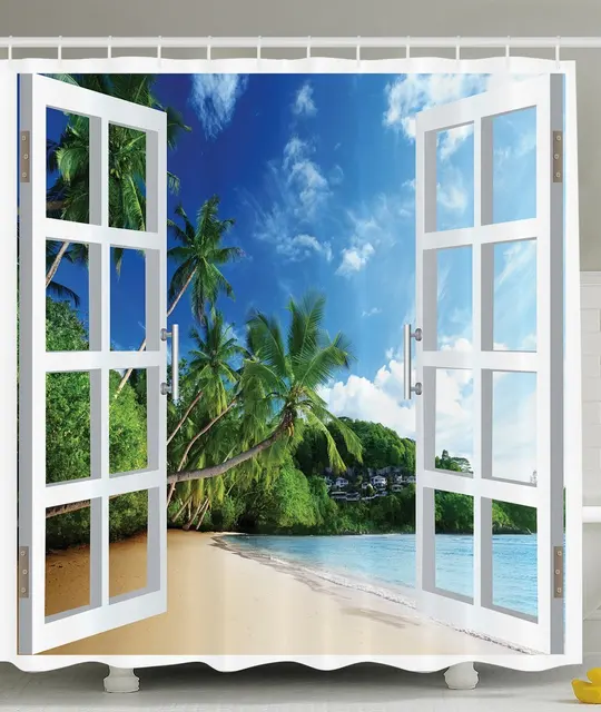 Memory Home Palm Trees Island Beach Nature Picture Through Wooden Memory Home Palm Trees Island Beach Nature Picture Through Wooden Windows Scene Polyester Fabric Shower Curtain